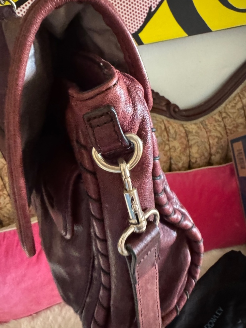 Cynthia Rowley Burgundy Distressed Messenger Flap Bag Top Handle Crossbody purse - Picture 7 of 15